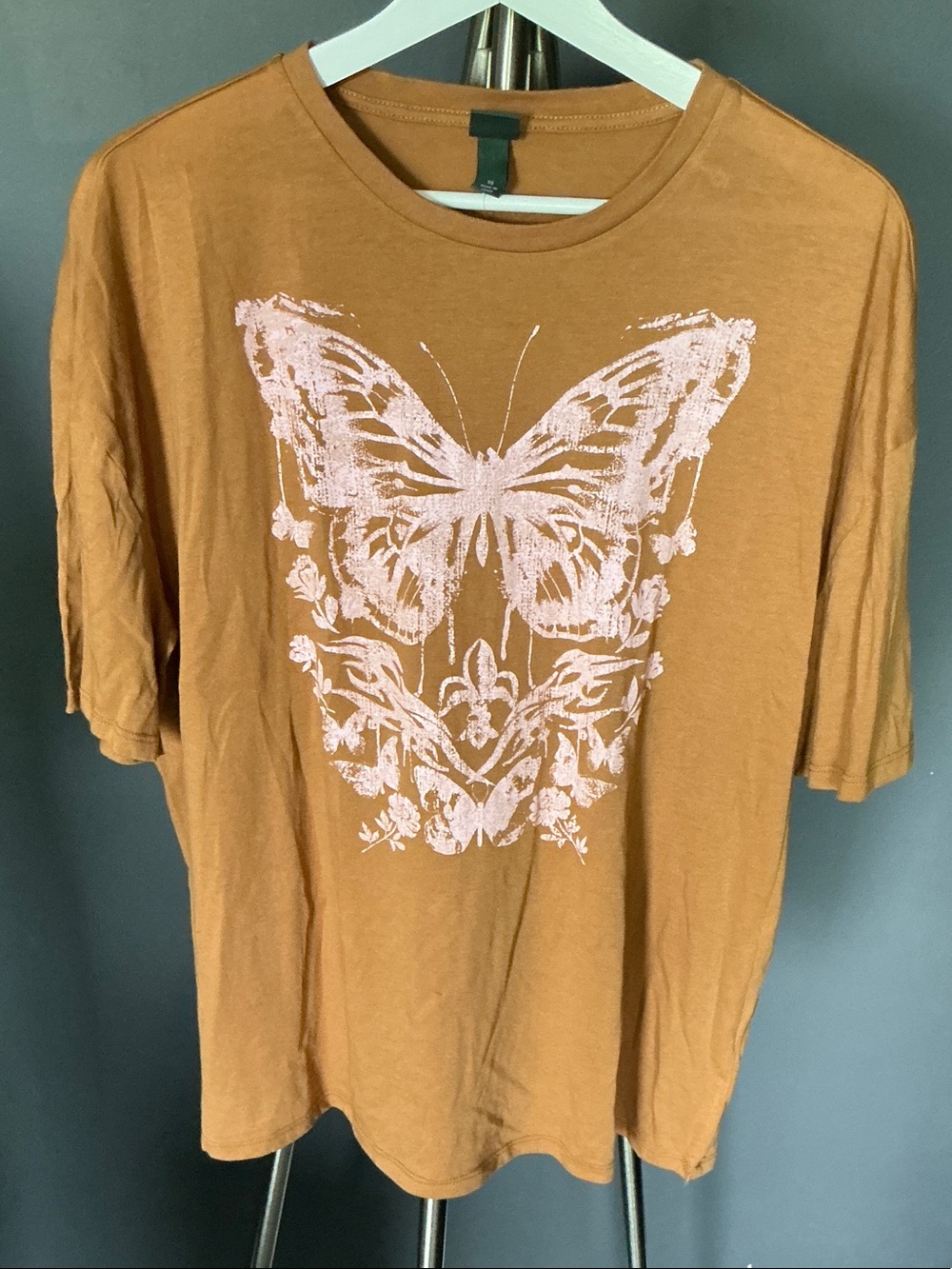 Rust Orange Short Sleeve Tee with Pink Butterfly Graphic